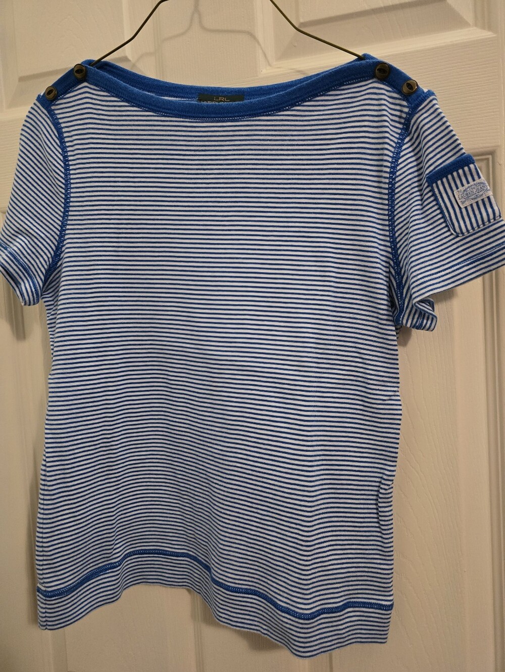 Striped Blue & White Boatneck Buttons On Sholders Short-Sleeve Top